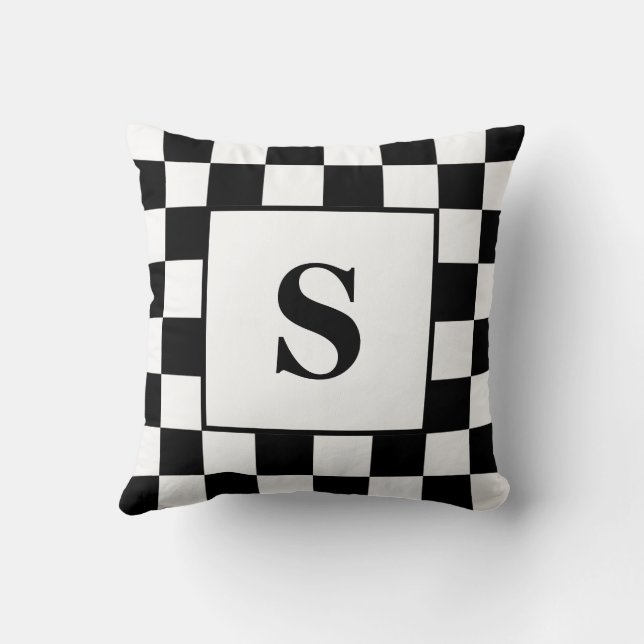 Coussin Motif chèque en noir et blanc avec initiale (Verso)