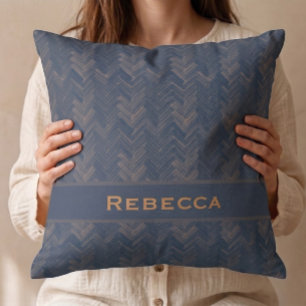 Coussin Motif Chevron en Arête de Hareng Rétro Bleu Monogr