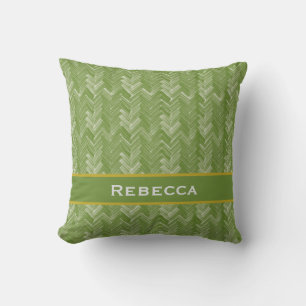 Coussin Motif Chevron en Hareng Vert Forêt Monogramme