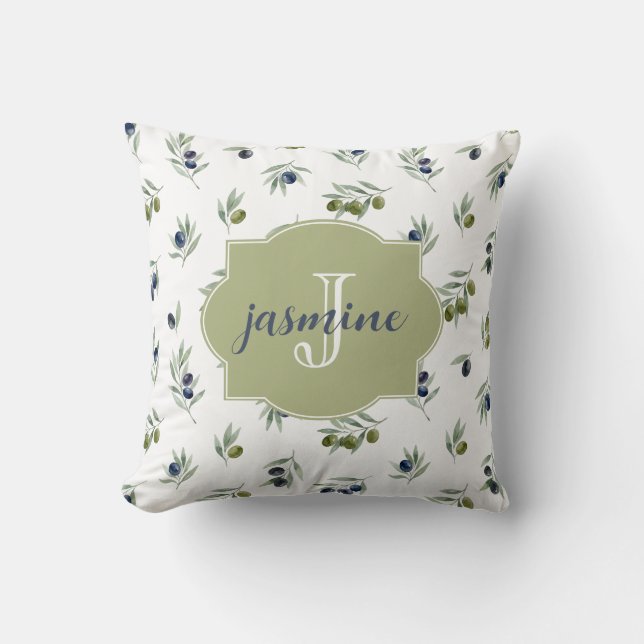 Coussin Motif chic aquarelle Monogramme Nom Vert olive (Recto)