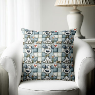 Coussin Motif chien patchwork bleu et gris