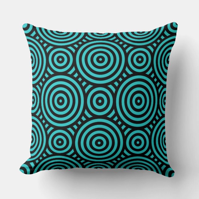 Coussin Motif circulaire imbriqué noir et turquoise (Recto)