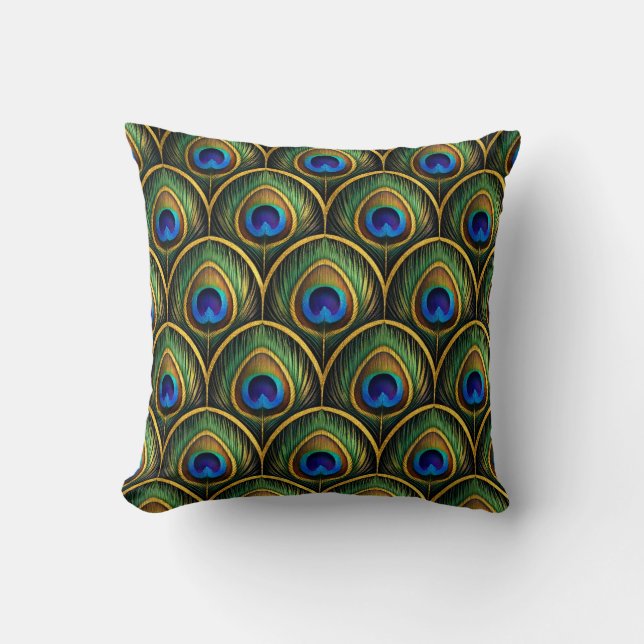 Coussin Motif classique de plume de paon dans des tons de  (Recto)