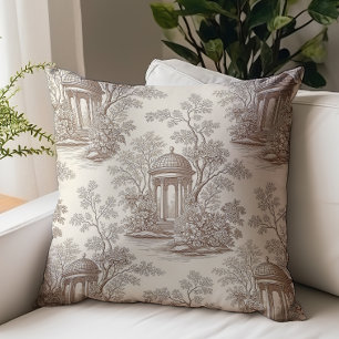Coussin Motif Classique Toile de Jouy Marron Beige Vintage