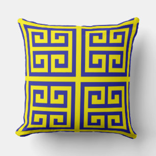 Coussin Motif clé grec bleu tendance sur jaune