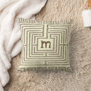 Coussin Motif Clé Grecque Tribale Monogramme Brun Tan