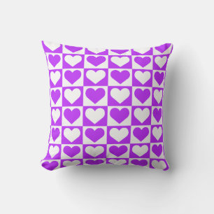 Coussin Motif Cœurs Damier - Violet et Blanc