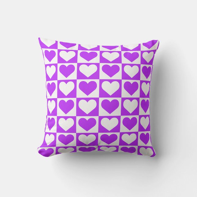 Coussin Motif Cœurs Damier - Violet et Blanc (Recto)