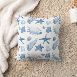 Coussin Motif coquillages bleu côtier