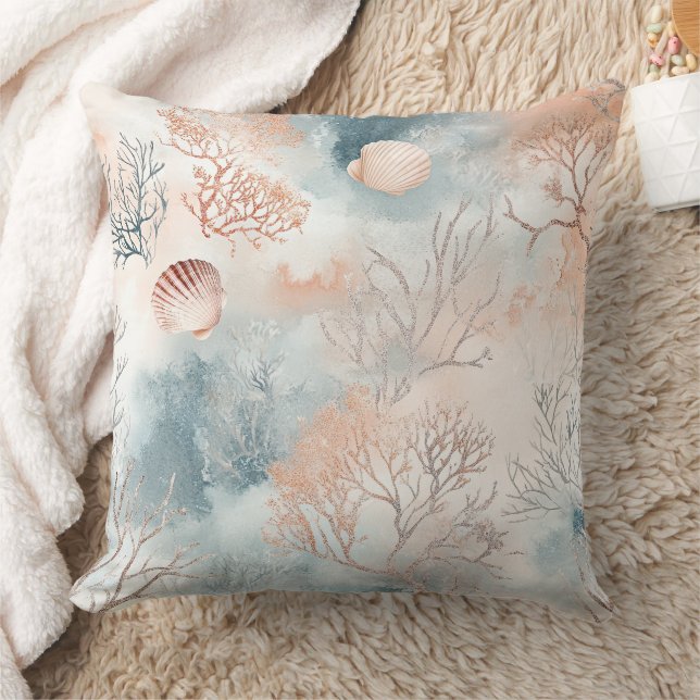 Coussin Motif corail côtier à l'aquarelle Boho Luxe (4) (Couverture)