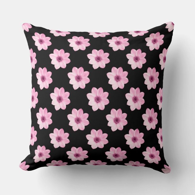 Coussin Motif Dahlia - rose sur noir (Recto)