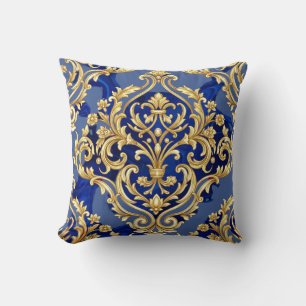 Coussin Motif damassé baroque bleu royal et or