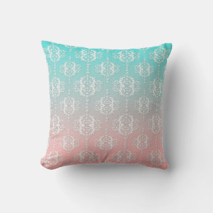 Coussin Motif Damassé Blanc sur Rose mélangé à Sarcelle