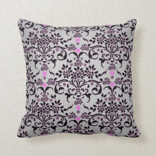 Coussin Motif damassé floral noir argenté violet fantaisie