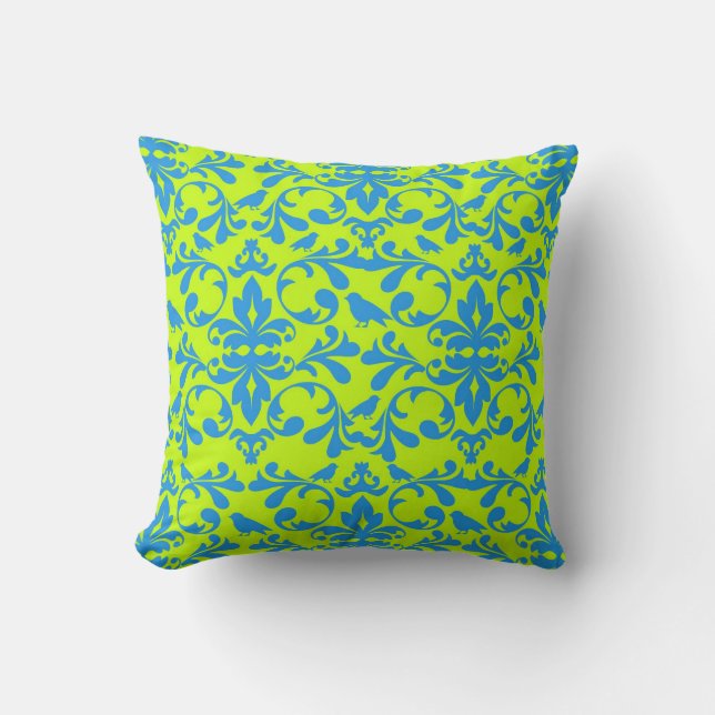 Coussin motif damassé oiseau bleu vif vert citron funky (Recto)