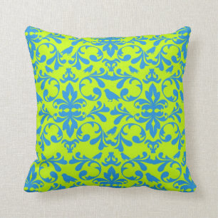Coussin motif damassé oiseau bleu vif vert citron funky