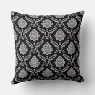 Coussin Motif Damassé Rococo Gris sur Fond Noir