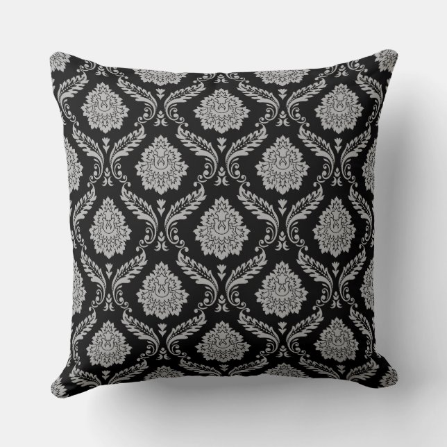 Coussin Motif Damassé Rococo Gris sur Fond Noir (Verso)