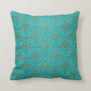 Coussin Motif damassé turquoise et or élégant