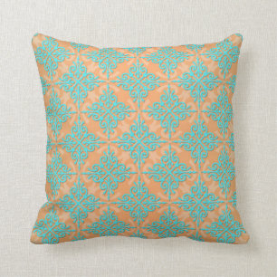 Coussin Motif damassé turquoise et orange