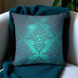 Coussin Motif damassé turquoise vibrant