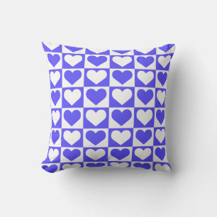 Coussin Motif Damier à Coeurs - Bleu et Blanc