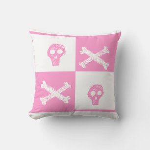 Coussin motif damier rose et blanc crâne rose