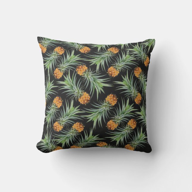 Coussin Motif d'ananas tropical sur noir (Recto)