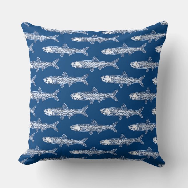 Coussin Motif d'anchois - blanc et bleu de Shibori (Recto)