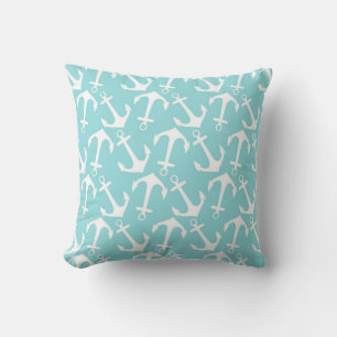 Coussin Motif d'Ancre blanc sur Aqua