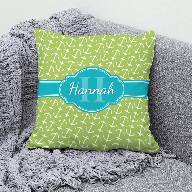 Coussin Motif d'Ancre blanc vert Turquoise Monogramme (Créateur téléchargé)