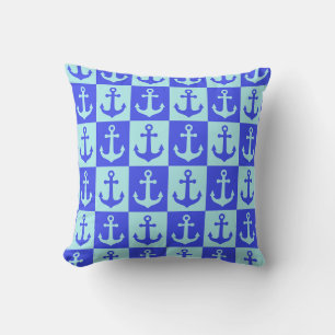 Coussin Motif d'ancre de bateau à carreaux - Tons bleus oc