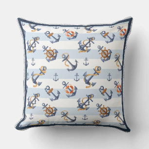 Coussin Motif d'ancre nautique et de roue de navire à l'aq