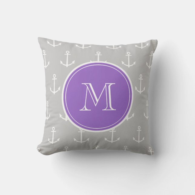 Coussin Motif d'Ancres de blanc gris, monogramme pourpre (Recto)