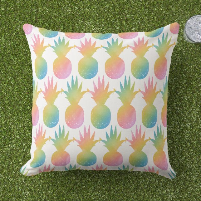 Coussin Motif d'aquarelle arc-en-ciel d'ananas tropical (Herbe)