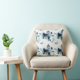 Coussin Motif d'aquarelle de la forêt bleue de minuit