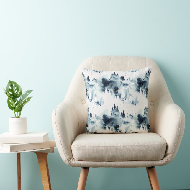Coussin Motif d'aquarelle de la forêt bleue de minuit (Chaise)