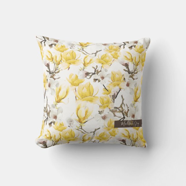 Coussin Motif d'aquarelle jaune et blanc Magnolia Blossom (Recto)