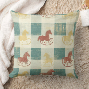Coussin Motif de bébé cheval à bascule à carreaux rustique