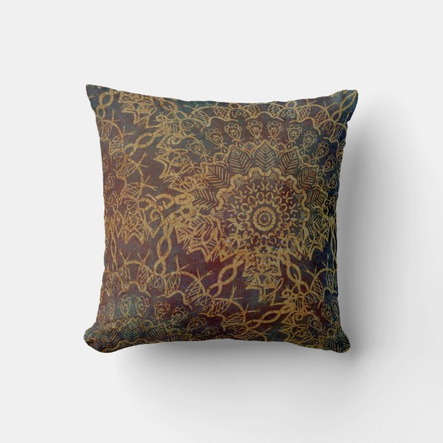 Coussin Motif de Boho Gold Mandala sur Blue Red Grunge (Recto)