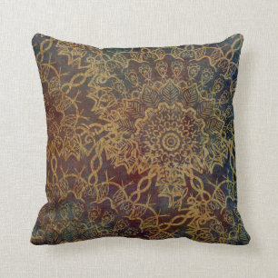 Coussin Motif de Boho Gold Mandala sur Blue Red Grunge
