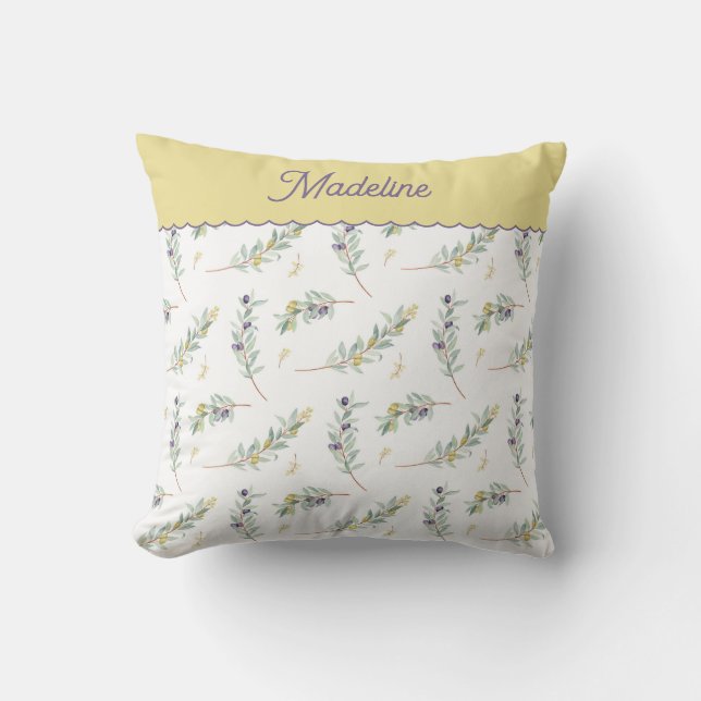Coussin Motif de branche d'olive vert sauge avec monogramm (Recto)
