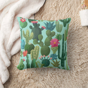 Coussin Motif de cactus Turquoises verts en fleurs