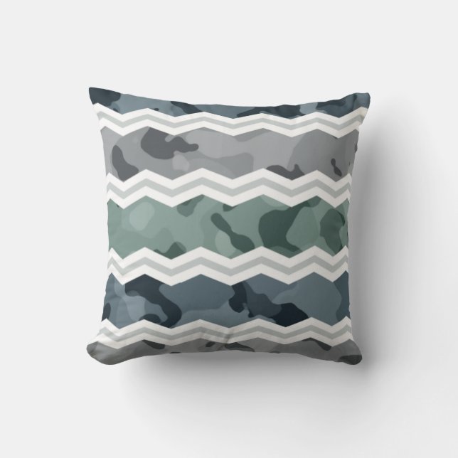 Coussin Motif de Camo Chevron bleu ardoise et gris (Recto)