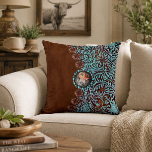Coussin Motif de campagne western marron rustique turquois