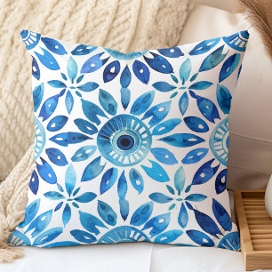 Coussin Motif de carreaux bleus aquarelle méditerranéen
