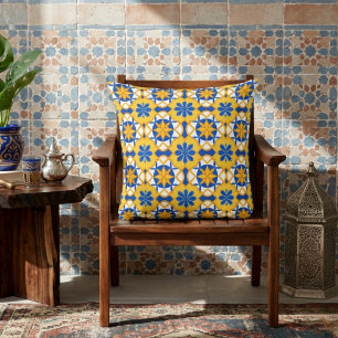 Coussin Motif de carreaux marocains bleu jaune méditerrané