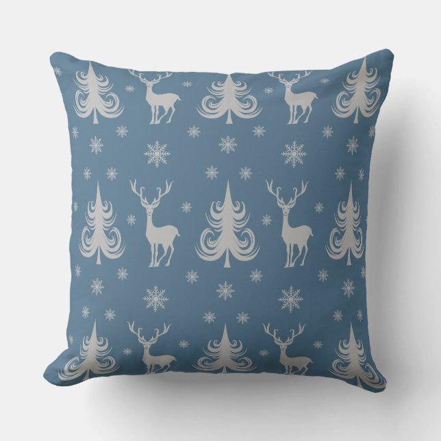 Coussin Motif de cerf de Noël bleu festif (Recto)