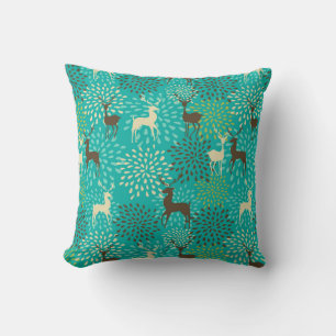 Coussin Motif de cerfs et de fleurs - Aqua et hiver Brown