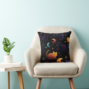 Coussin Motif de chat céleste magique avec lunes